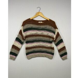 Boho Crochet Love Knits Womens Medium Brown Striped Open Knit Crewneck Sweater